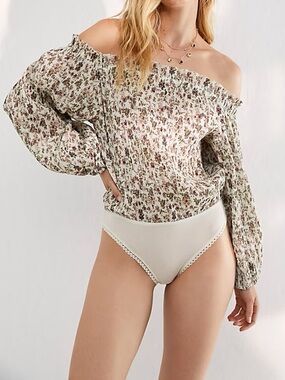Free People Pretty Petal Bodysuit Floral Smocked Off-Shoulder Balloon Sleeve XS